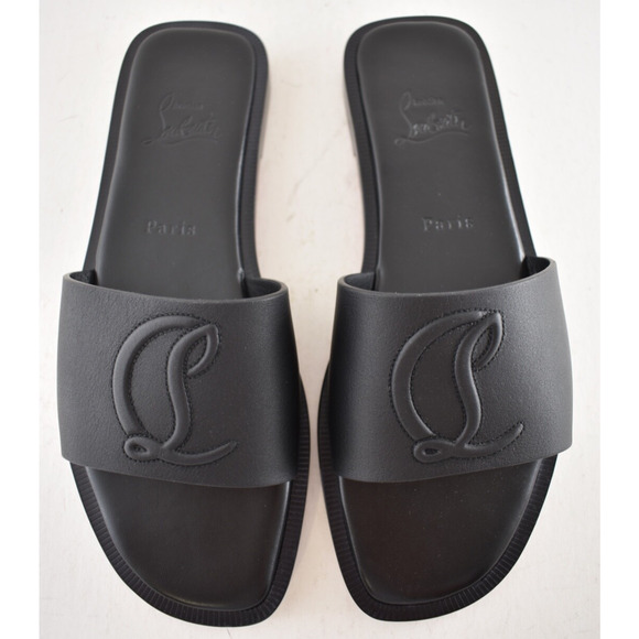 Christian Louboutin CL Mule Flat Black Leather Logo Slide Slip On Sandal 38.5 - Picture 13 of 16